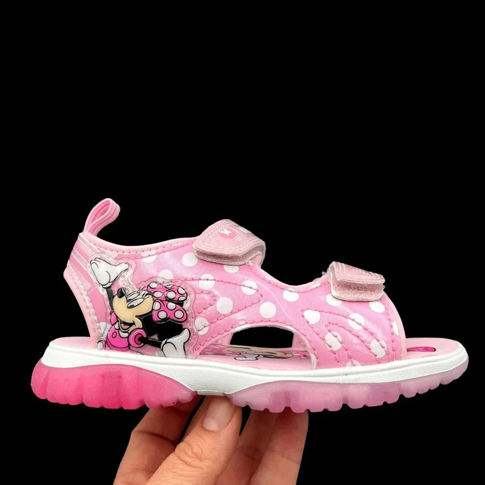 Disney Minnie Mouse Little‎ Girls Light Up Sandals Size 11 Pink Strappy Open Toe